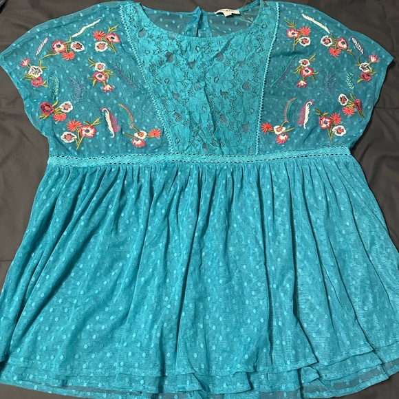 Umgee Tops - Umgee Turquoise Embroidered Lace Blouse